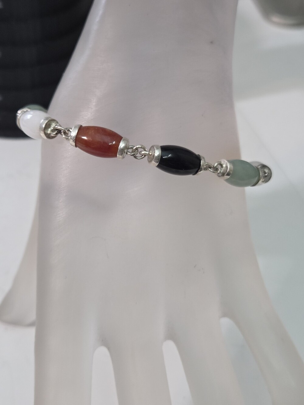 vtg green yellow white jadeite jade sterling silver barrel stone bracelet 7in